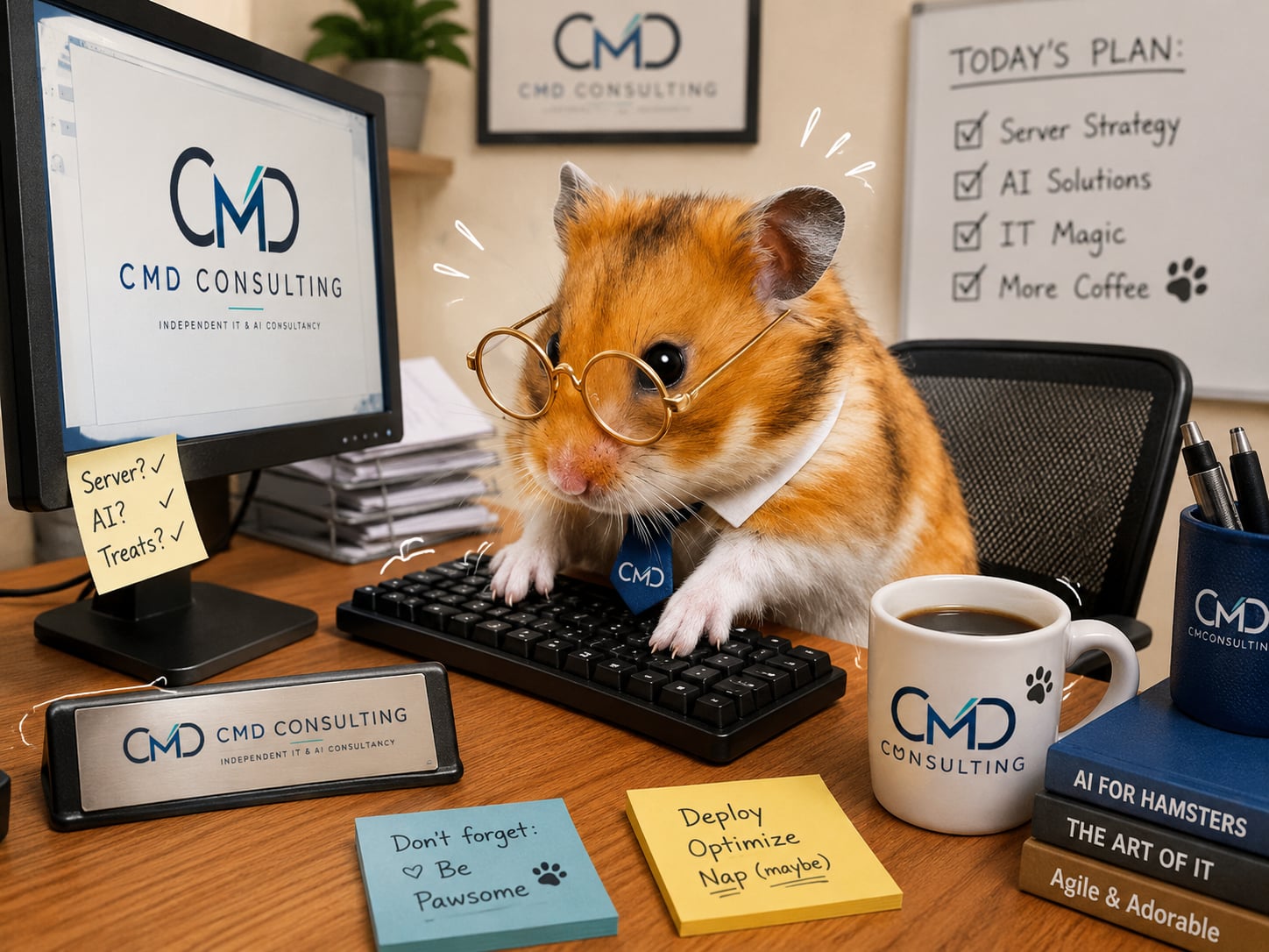 A playful CMD Consulting office scene with a hamster working at a computer